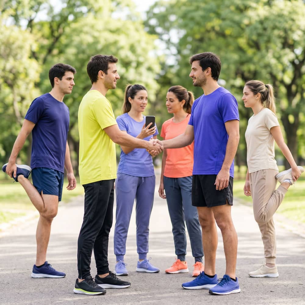 El grupo encontrándose en el punto de encuentro